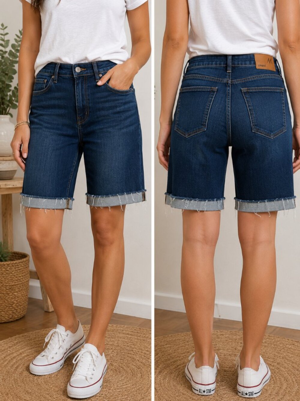 Mavi Alexis Dark Wash Bermuda Denim Shorts Raw Hem Cuffed Size 31